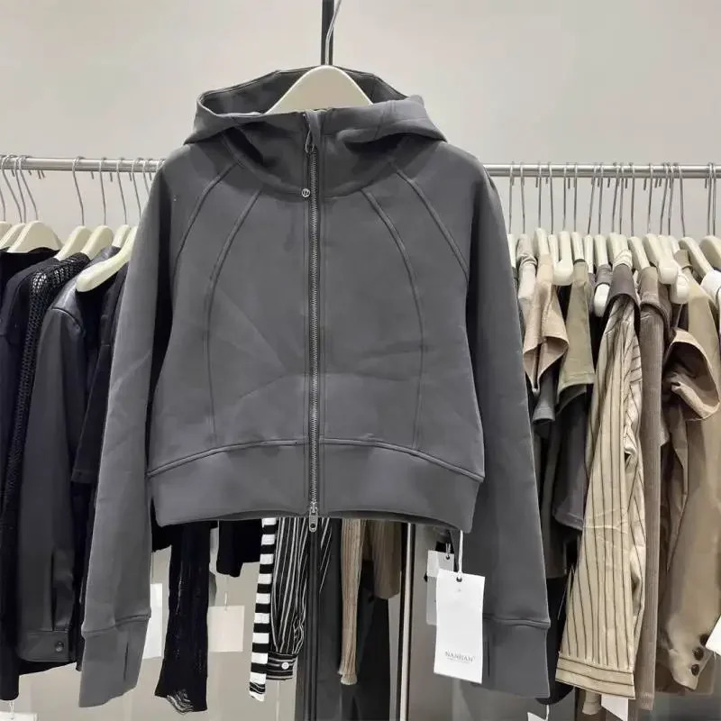 Womens Solid Hoodie Korean Y2k Casual Wild Loose Thin Zipper Short Sweater Top Long Sleeve Coat 241010