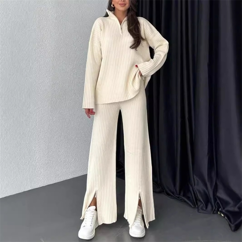 Casual Knitted Home Set Womens Warm Zipper Top Pants Turn Down Collar Long Sleeve High Waisted Trousers 2 Piece Outfit y241010