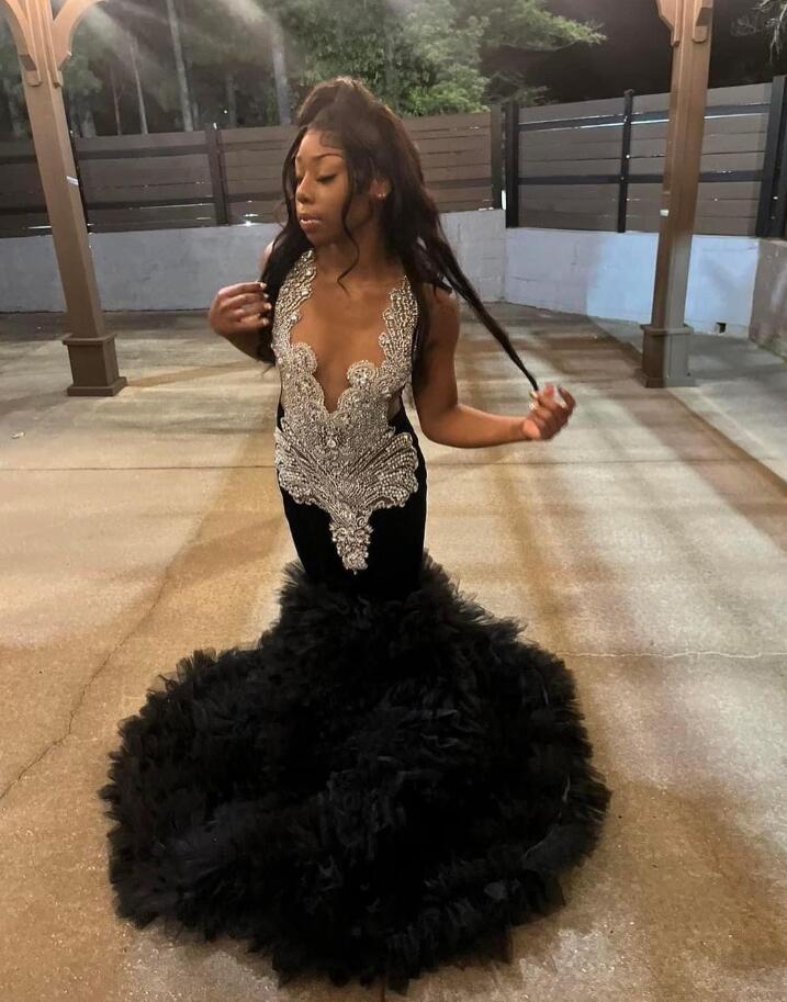 Sparkly Long Mermaid Prom Formal Dresses for Black Girl 2025 Luxury Diamond Ruffles Clound Evening Birthday Party Gala Gown