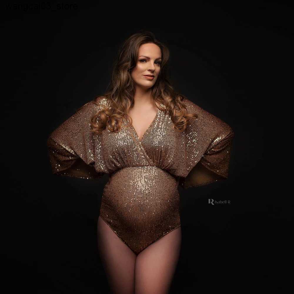 Maternity Dresses Maternity Photo Shoot Photography Dress For Women Sequins Bodysuit Private Photos Sexy Shiny Long Sleeve Jumpsuit Props Costumes L24