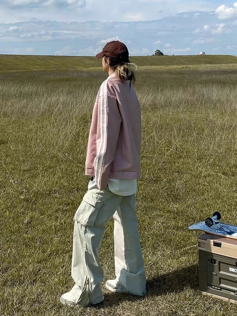 Y2K American geometric pink leather jacket for womens street retro fashion sweet and cool motorcycle style PU leather jacket 241011