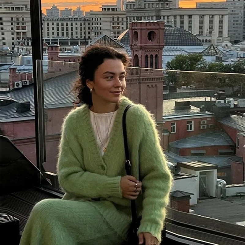 Elegant Solid Mohair Skirt Set Autumn Knit V Neck Cardigan Sweater 2 Piece Female Loose Long Skirts Fashion Party Suits y241010