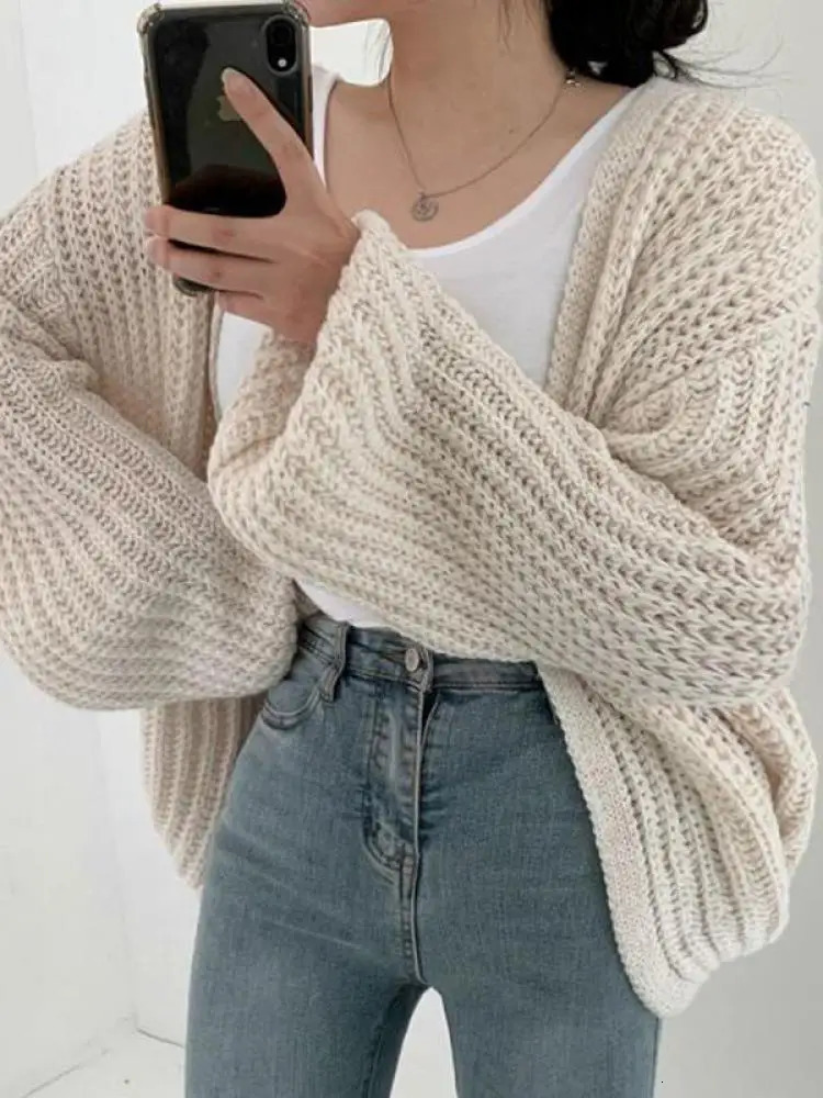 2024 Vintage Harajuku Lantern Sleeve Women Cardigan Sweater Casual Korean Fall Streetwear Tops Coat Chic Lazy Wind Y2k 241007