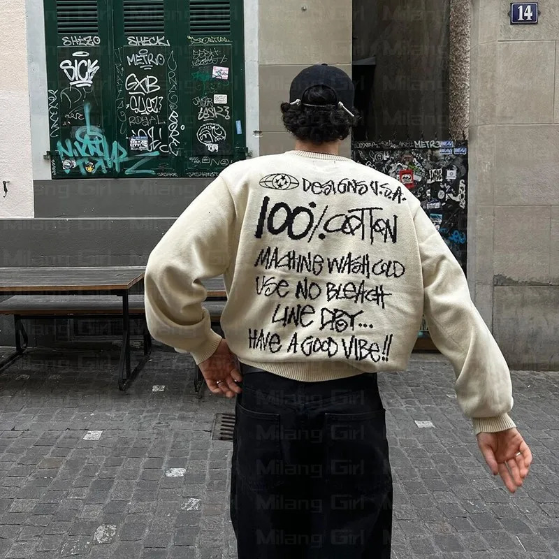 Mens sweater winter letter graphic handle Harajuku casual loose cotton streetwear womens hip-hop knit sweater unisex style 241007
