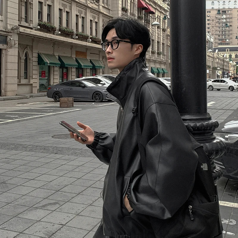 FEWQ American casual trend PU leather mens jacket autumn loose solid color stand up collar mens top Korean fashion 24E2052 241011