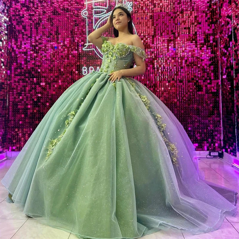 Luxury Sage Green Quinceanera Dresses Off Shoulder Applique Beads Crystal Corset Ball Gown Birthday Party Dress Vestido De 15 Anos Sweet 16 Dress