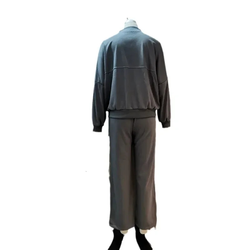 Womens twopiece long pants set solid loose casual full elegant zipper jacket wide leg high waist 241008