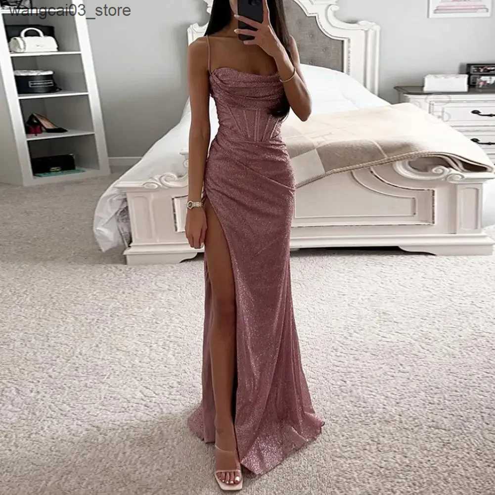 Maternity Dresses Women Polyester Maxi Dress Elegant Sequin Spaghetti Strap Evening Dress with High Split Off Shoulder Design Womens for Formal L24091