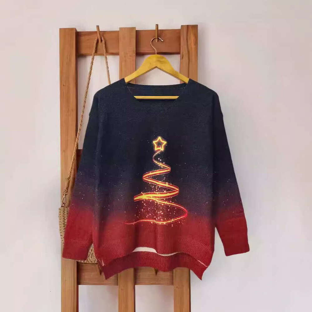 2024 Winter Digital Printed Sweater V-neck Front Short Rear Long Side Split Christmas Tree Line Print, Female