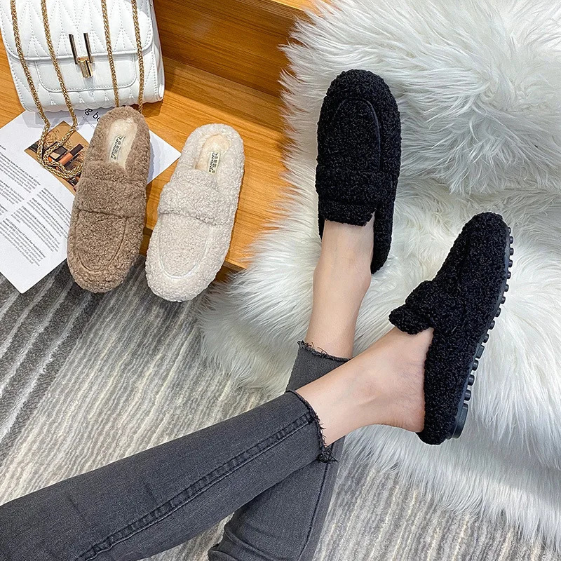 Winter Warm Plush Mule Single Shoulder Strap Fur Comfortable Cotton Shoes Flat Bottom Cover Toe Womens Wool Slide 241007 67e