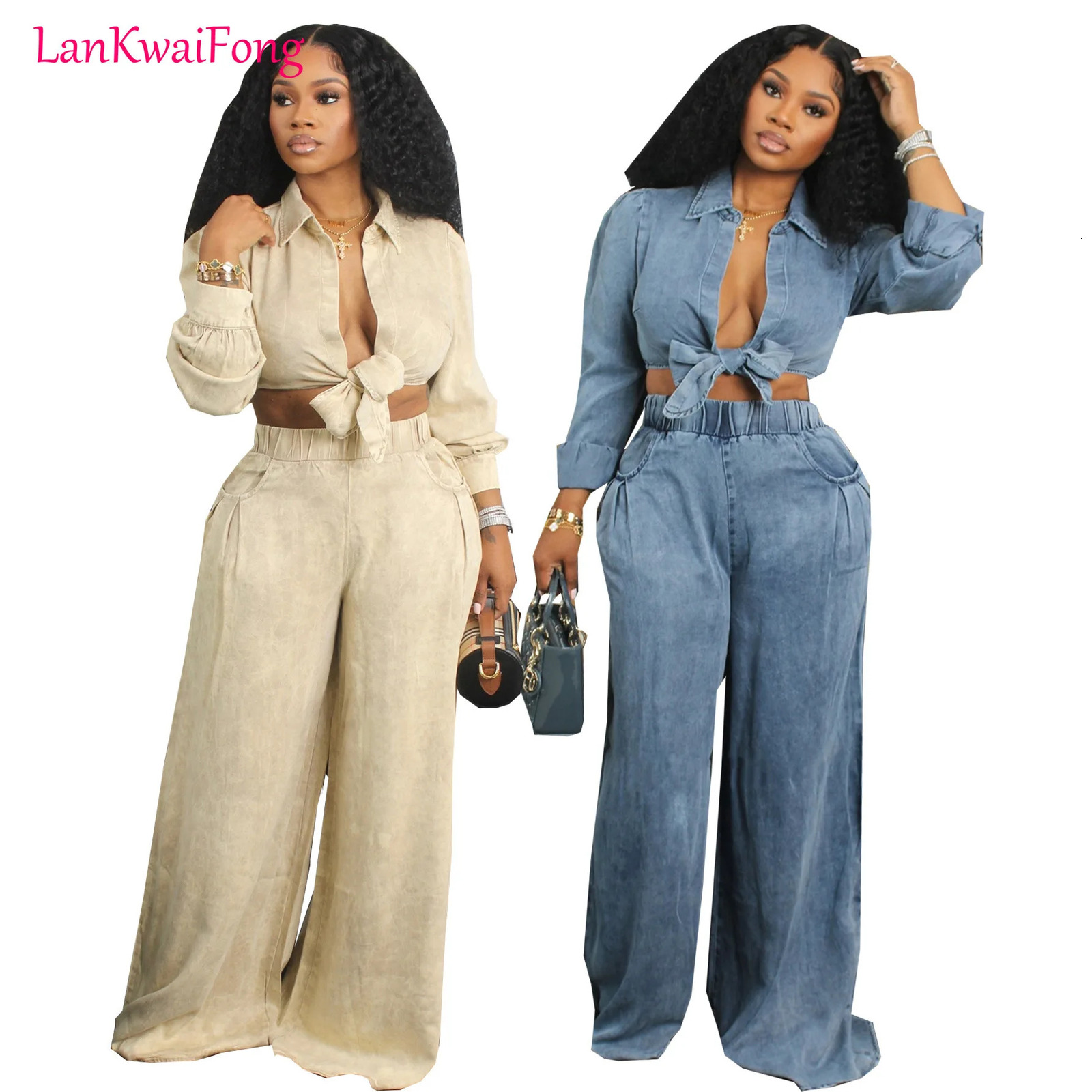 LKF Elegant Communicating Casual Womens Set Long Sleeve Collar Cardigan Belt Top Pocket Wide Leg Pants Two Piece 241008