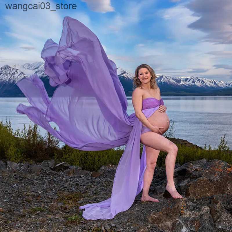 Maternity Dresses Lace Chiffon Women Pregnants maternity dress Photography Props Off Shoulder Sleeveless Maternity Solid Dress for photo shoot L240910