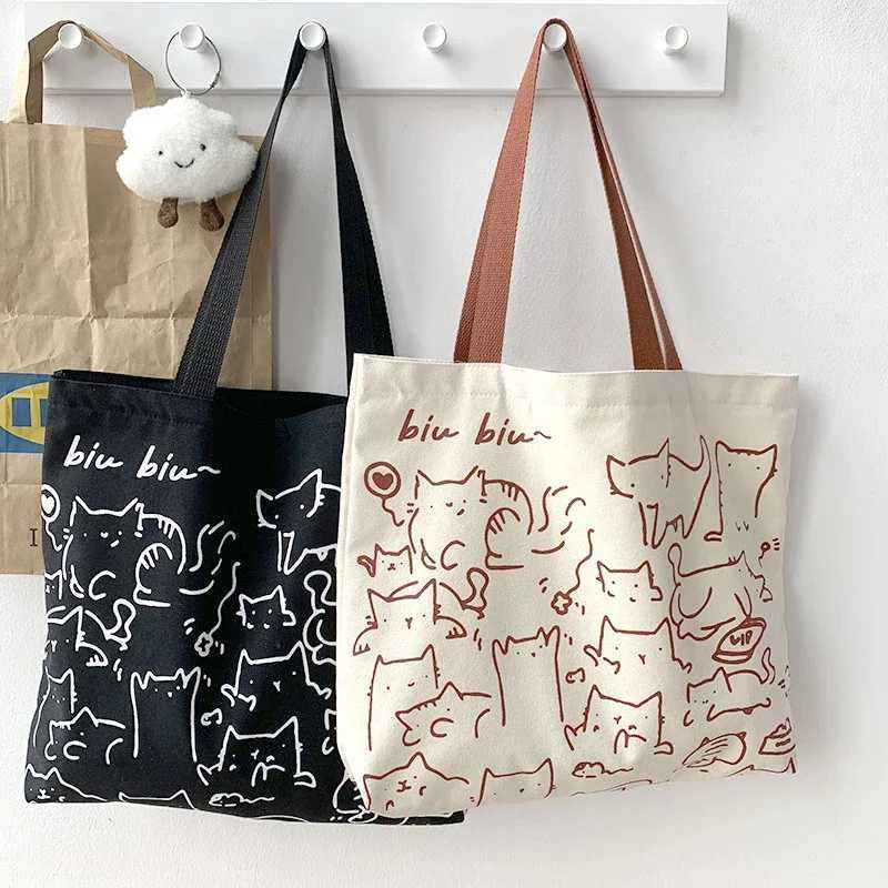Womens canvas shopping bag environmentally friendly reusable foldable shoulder bag large capacity handbag casual and cute womens shopping bag Y241011