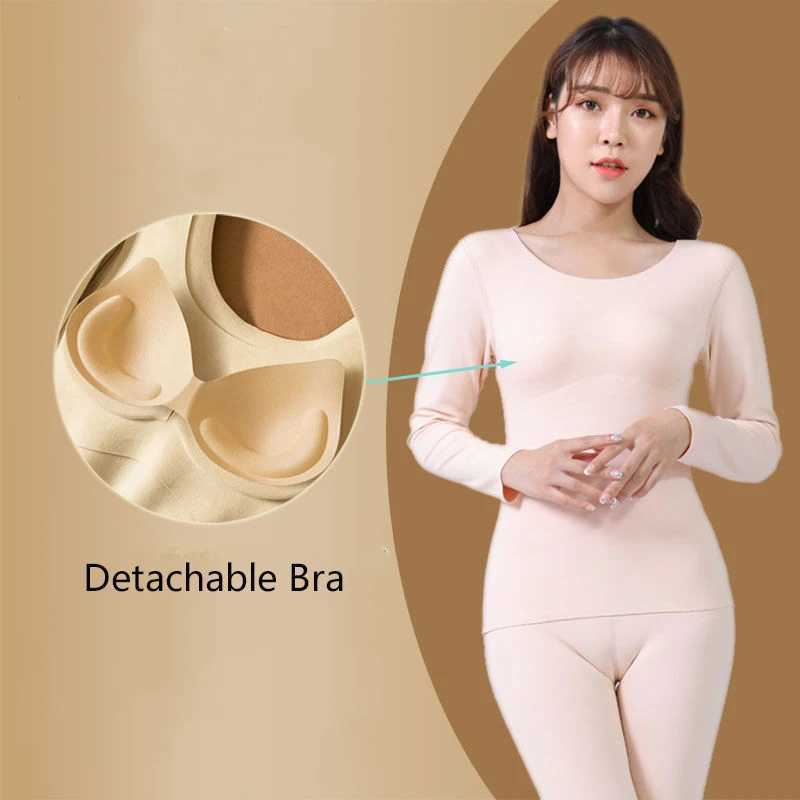 Womens Thermal Underwear Autumn Winter New Thermal Underwear Set Woman Seamless Warm Suit With Chest Pad Top Warm Pants Doublesided Heating Lingerie S