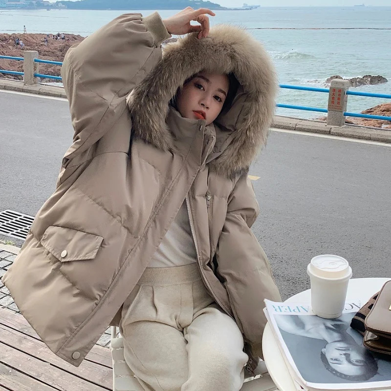 Khaki down jacket womens coat black hooded fashion American streetwear Y2K style duck down jacket womens winter short jacket 241009