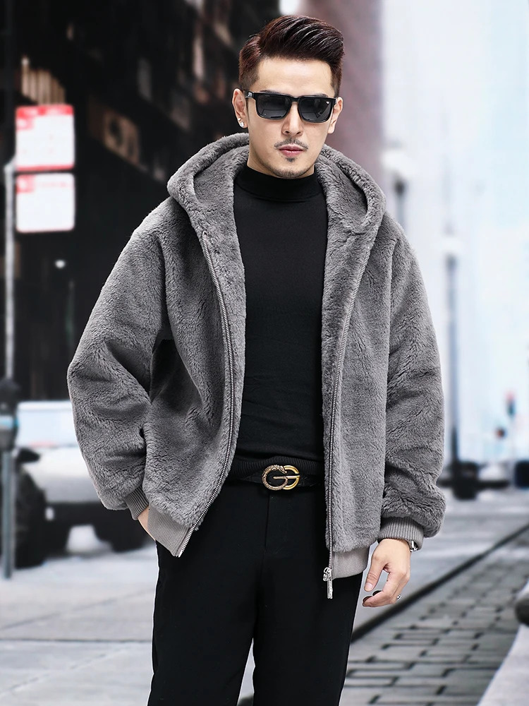 Leather fur coat mens short thick warm loose hooded cashmere sheepskin integrated jacket autumn winter fashion casual high-end 240927