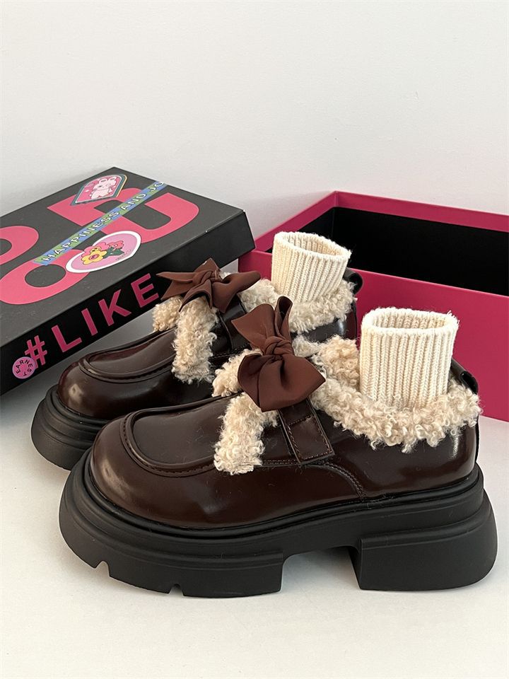 Women Fashion Casual Thick Sole Increase Height Leather Shoes Vintage Style Versatile Winter Warm Triple Black Beige Brown fashion