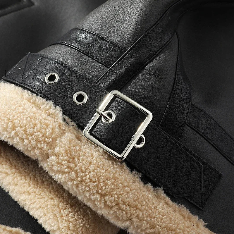 Mens leather thick jacket winter warm coat patch work artificial cashmere fur lapel coat plus size M-5XL 240930