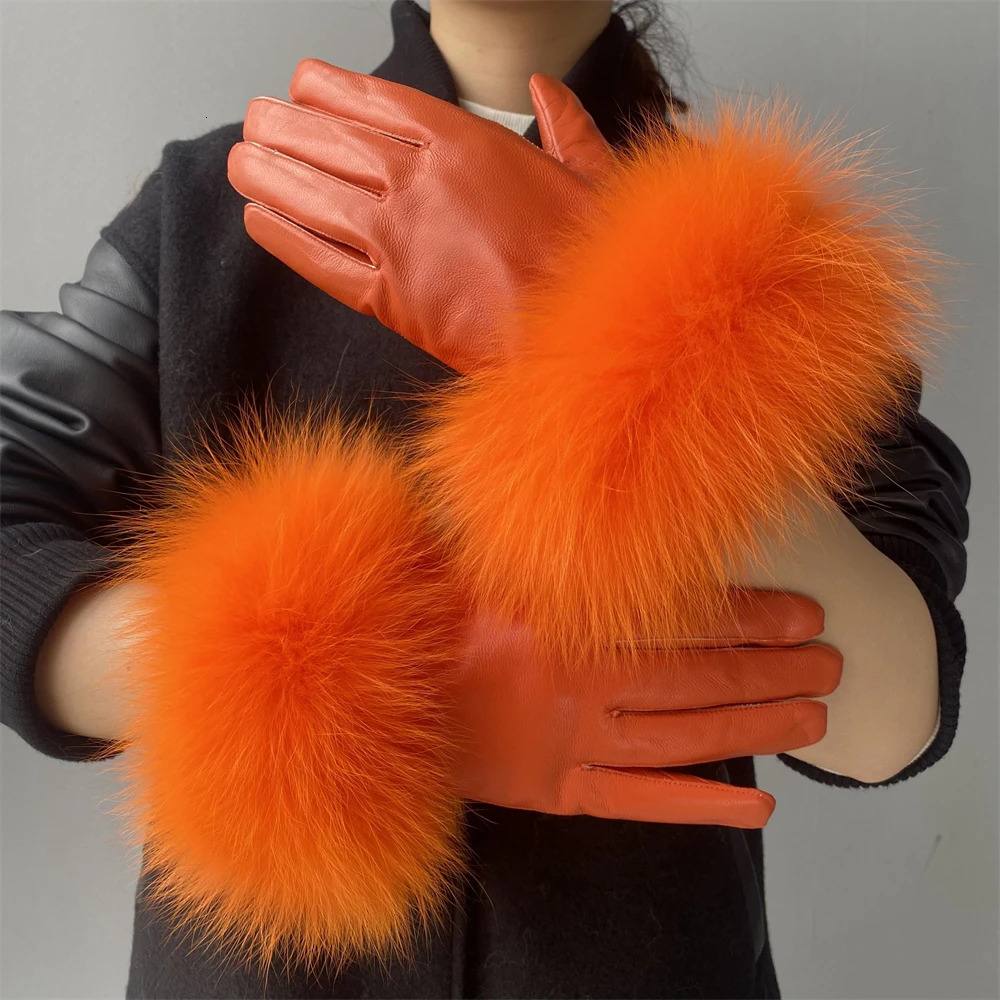 Jxwatcher Wholesale Fox Fur Gloves Real Sheepskin Glove with Natural Fur Genuine Leather Glove Winter Thicken Warm Fluffy Lining 241009