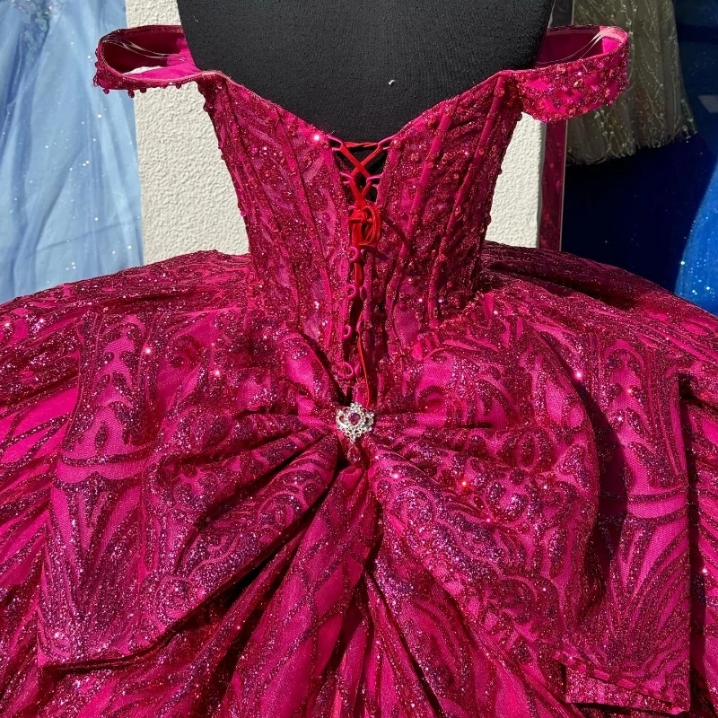 Red Ball Gown Quinceanera Dresses Princess Sequin Applique Lace Beads Bow Tulle Vestidos De 15 Anos Birthday Party Sweet 16 Dress