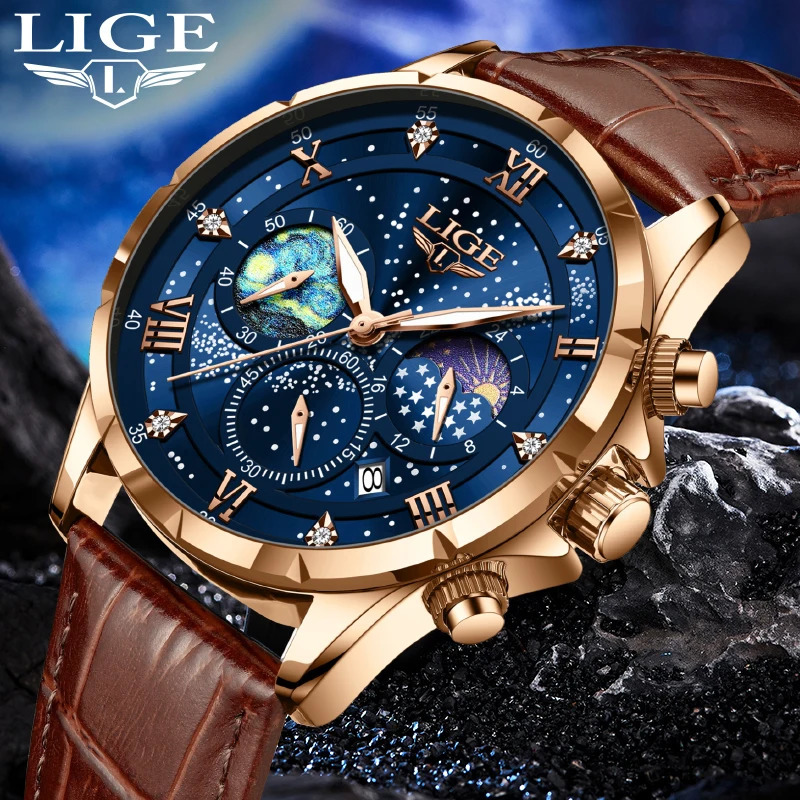 LIGE Mens Watch Casual Sports Watch Mens Waterproof Date Watch Luminous Timing Watch Mens Quartz Leather Watch 241009