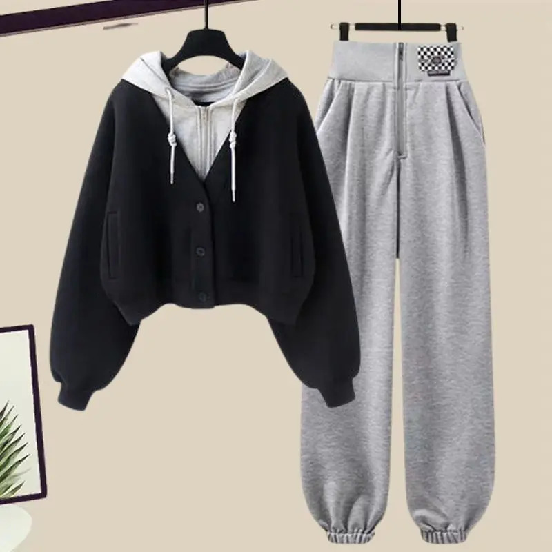 Winter patch work hoodie jacket personalized leg two-piece elegant womens pants set sportswear set 241010