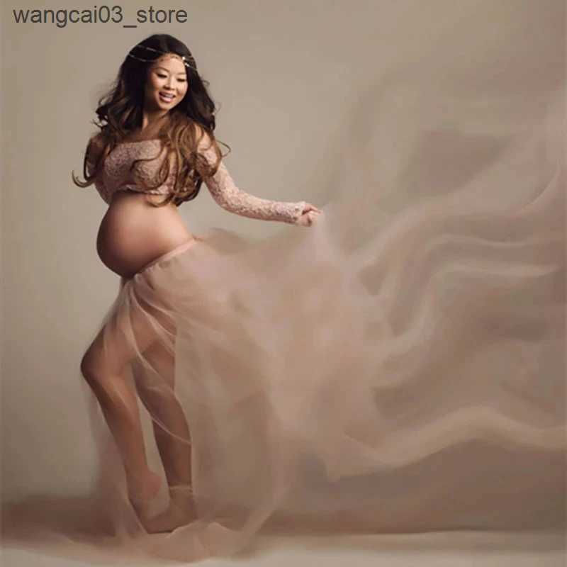 Maternity Dresses Maternity Dresses Set Long Sleeve Lace Crop Top+Tulle Skirt Maternity Maxi Gowns Dresses for Photo Shoot Pregnancy Photography L2409