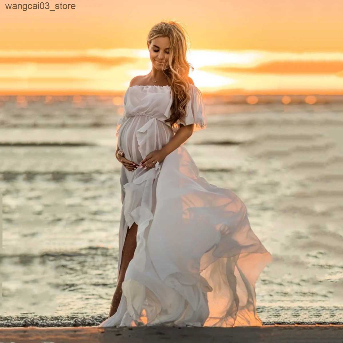 Maternity Dresses Summer Chiffon Slash Neck Maternity Photography Long Dress Sides Slit Boho Chiffon Pregnancy Photo Shooting Maxi Dress L240910 L0910