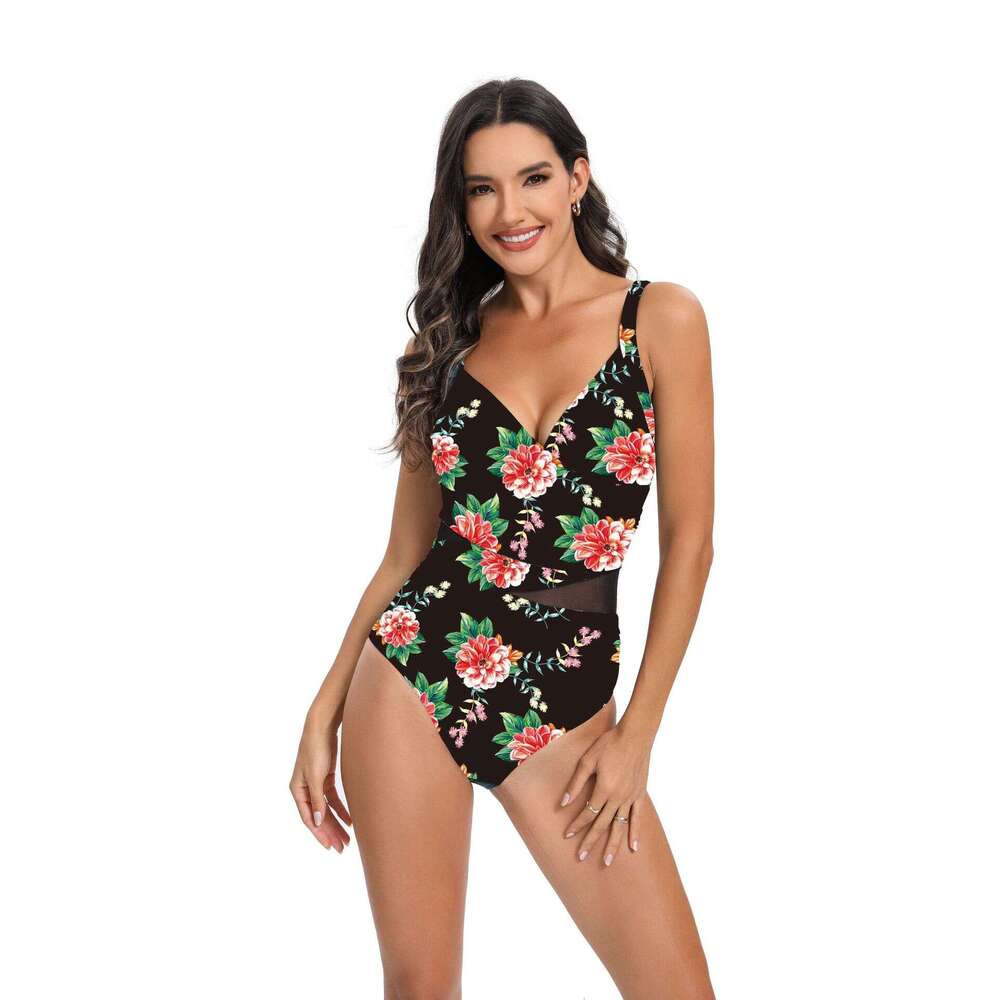 2024 New Printed One Piece Mesh Spliced Bikini Open Back Hollow Sexy Swimwear