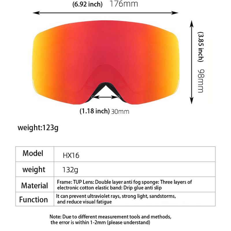 Ski Snowboard Goggles Men Women Oversized Skiing Eyewear Mask UV 400 Snow Protection Over Glasses Adult Double Anti-Fog Cylindrical Sports Sunglasses 