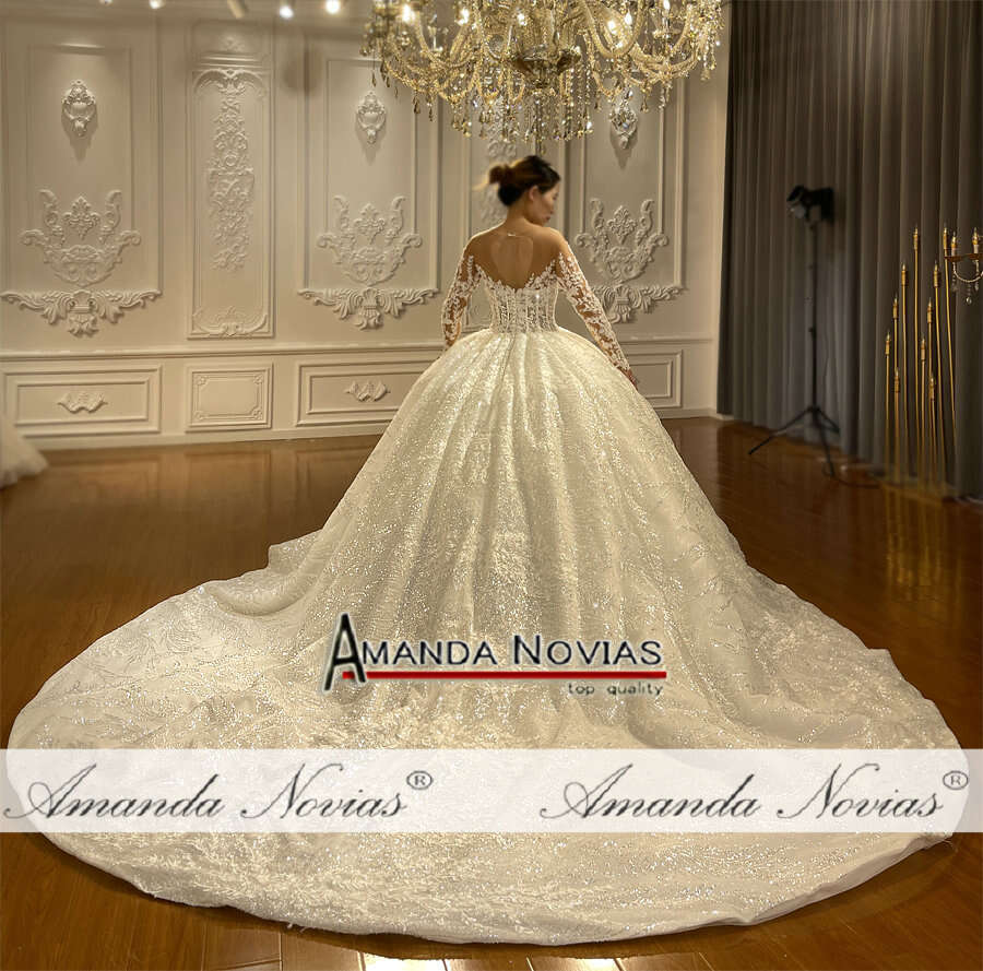 Long Sleeve Off White Ball Gown Lace Wedding Dress