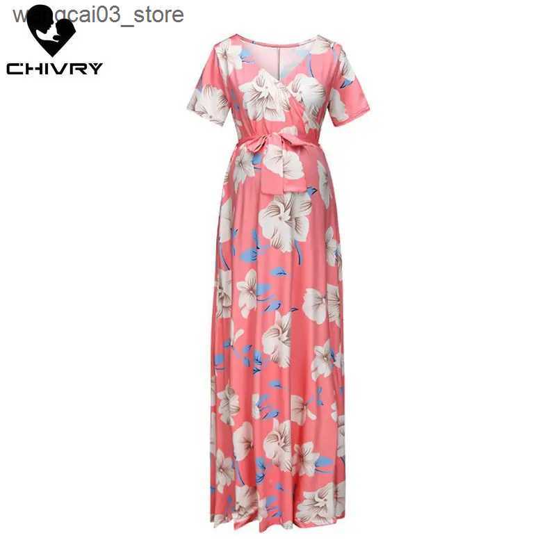 Maternity Dresses Chivry Maternity Dress Women Floral Print Short Sleeve V-neck Maxi Long Dress Pregnant Casual Clothes Summer Maternity Dress L240910