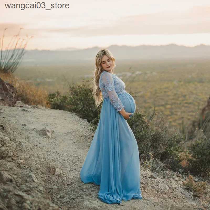 Maternity Dresses New Maternity Lace Chiffon Trailing Dress Pregnant Women Pregnancy Spring Autumn Maxi Gown Photography Prop See Through Clothing L24