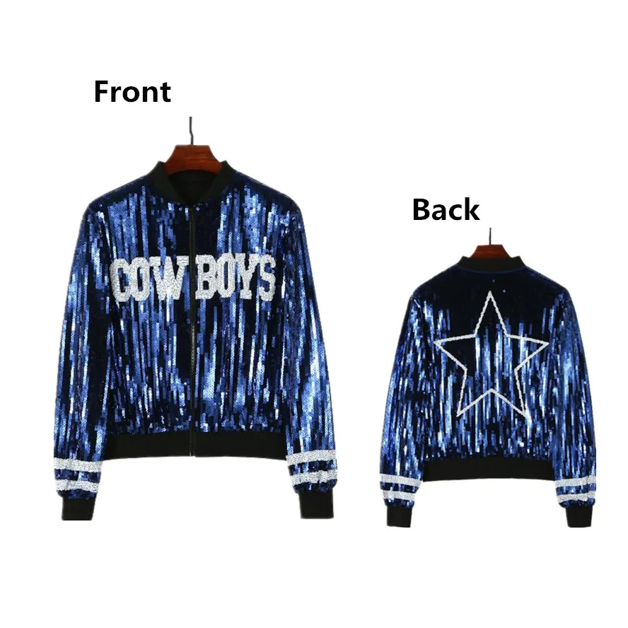 Autumn High Quality Cowboy Letter Streetwear Sequined Long Sleeve Round Neck Loose Jacket Women Hip Hop Night Club Coats