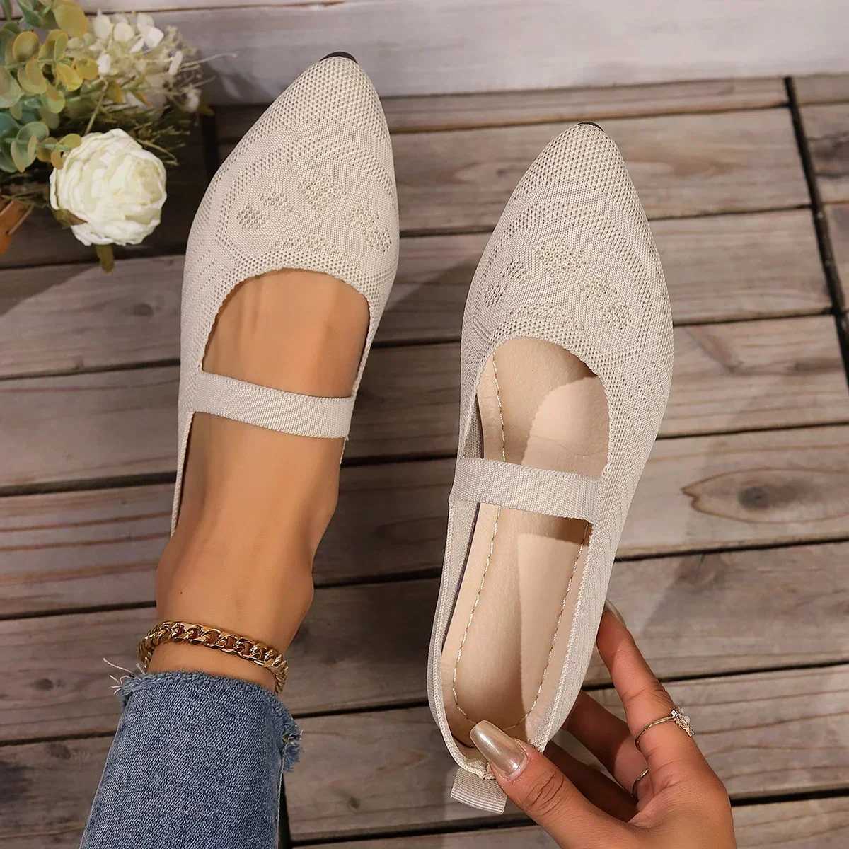 Womens Pointed Toe Flat Shoes Solid Color Knitted Shoes Casual Breathable Ballet Flat Shoes Zapatos Mujer 2024 Tendencia Y241011