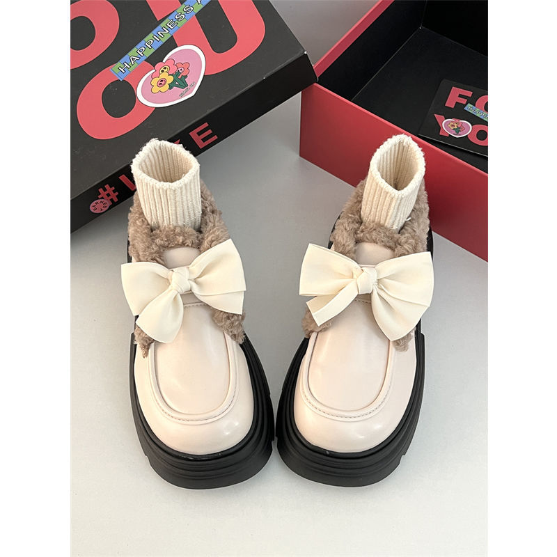 Women Fashion Casual Thick Sole Increase Height Leather Shoes Vintage Style Versatile Winter Warm Triple Black Beige Brown fashion