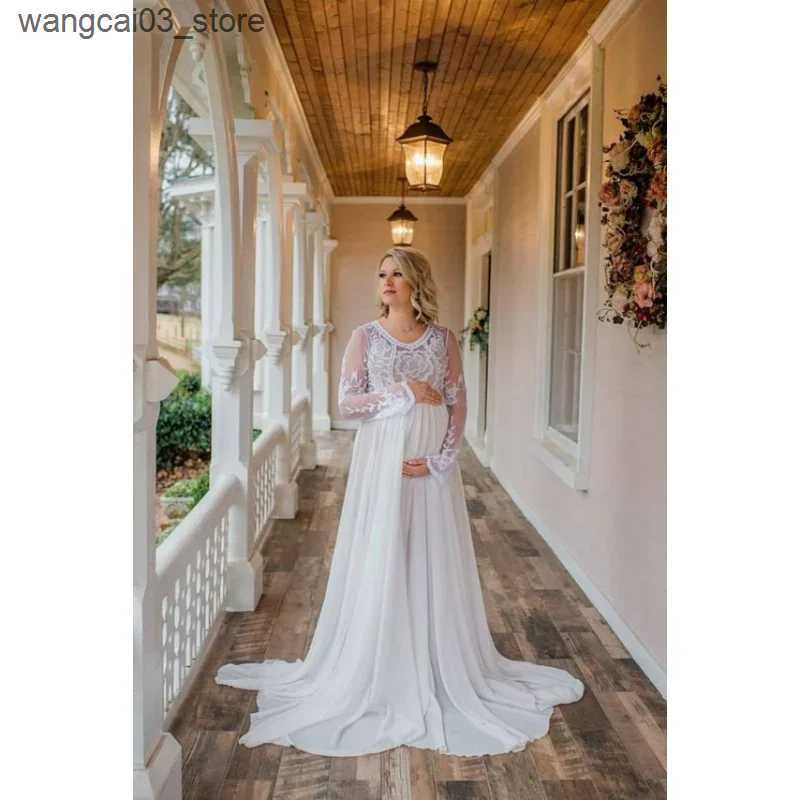 Maternity Dresses New Maternity Lace Chiffon Trailing Dress Pregnant Women Pregnancy Spring Autumn Maxi Gown Photography Prop See Through Clothing L24