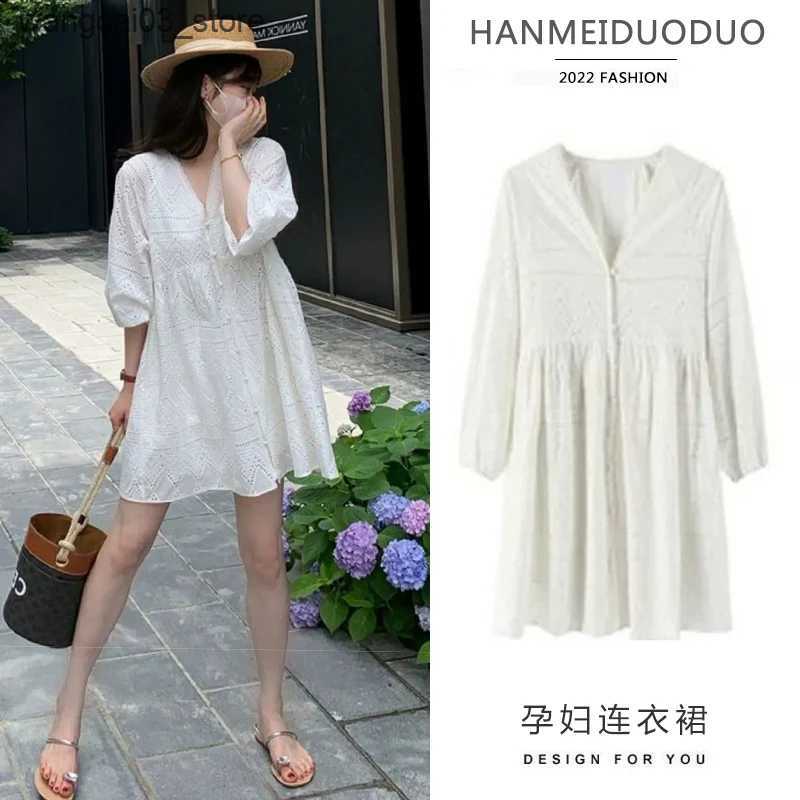 Maternity Dresses 2024 Spring Maternity Clothes Loose Lantern Sleeve V-neck White Cotton Dress for Pregnant Woman Fashion Pregnancy Party Dresses L240