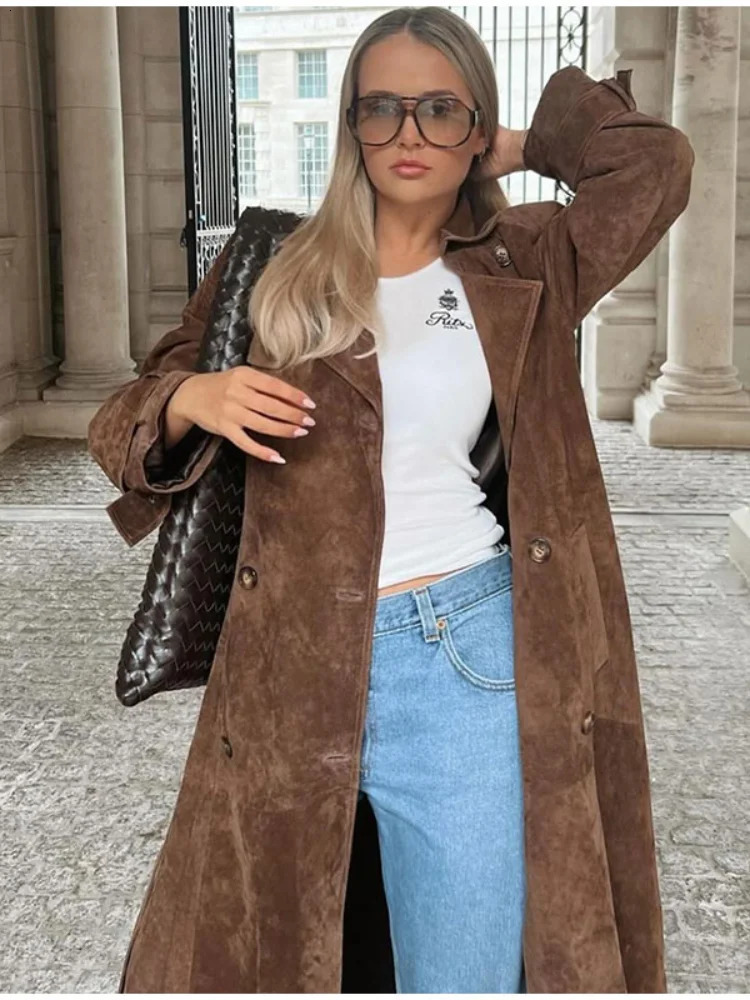 Fashion Brown Women Deer Fur Coat Chic Lapel Long Sleeve Doublebreasted Windbreaker Autumn Lady High Street Outwear 240930