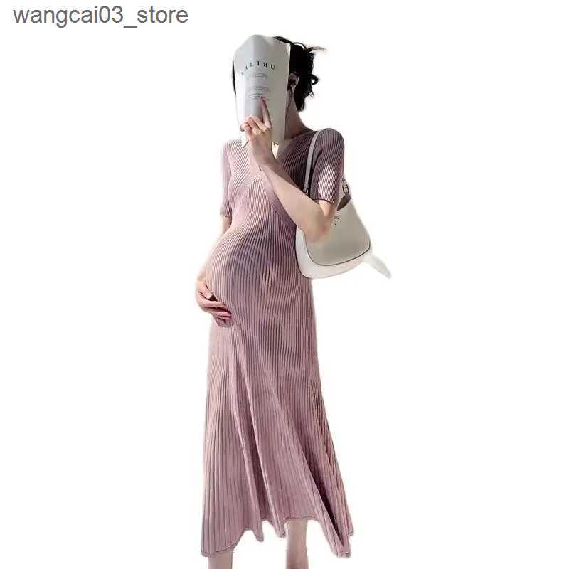 Maternity Dresses Korean Style Maternity Knitted Dress Solid Color Short Sleeve V-Neck High Waist Pregnant Woman Stretched Dresses Pregnancy Dress L24