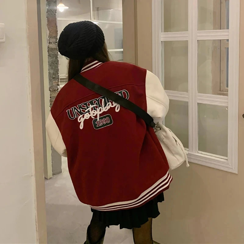 Y2k school team bomber jacket womens red brown Korean fashion winter jacket retro baseball jacket hip-hop streetwear 241011