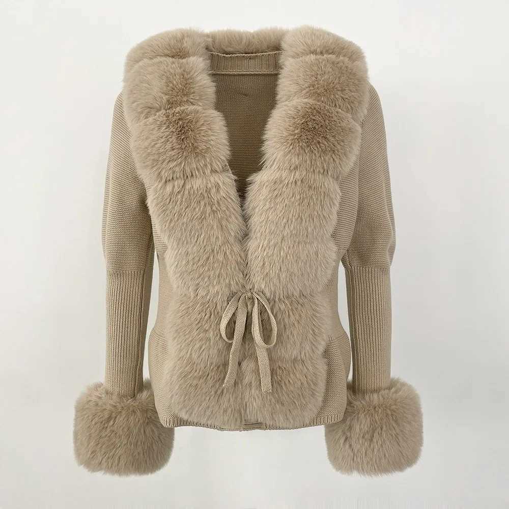 Artificial fur coat luxury patch work knit sweater bandage fur cardigan detachable collar jacket autumn and winter womens artificial fur coat Y241011