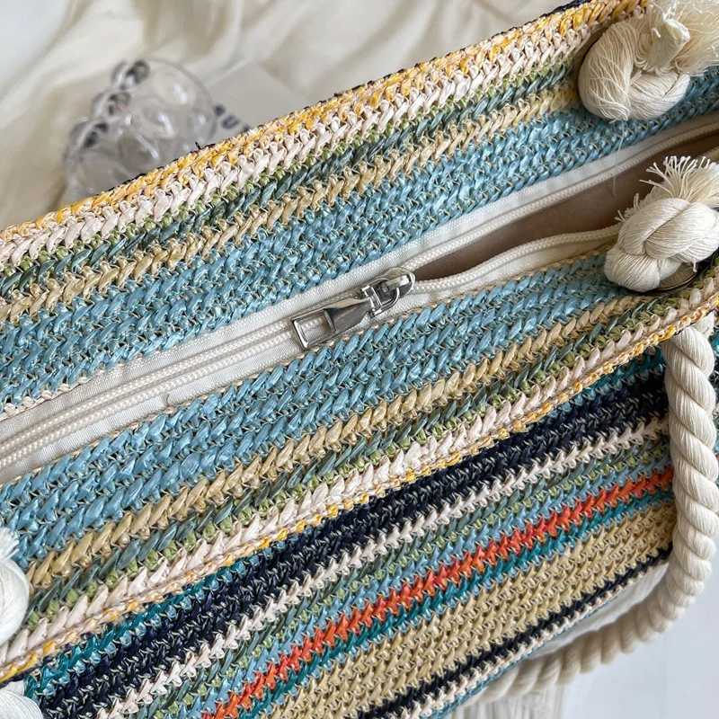 Grass cloth womens design handbag rainbow color large capacity summer beach shoulder shopping bag casual business handbag Y241011