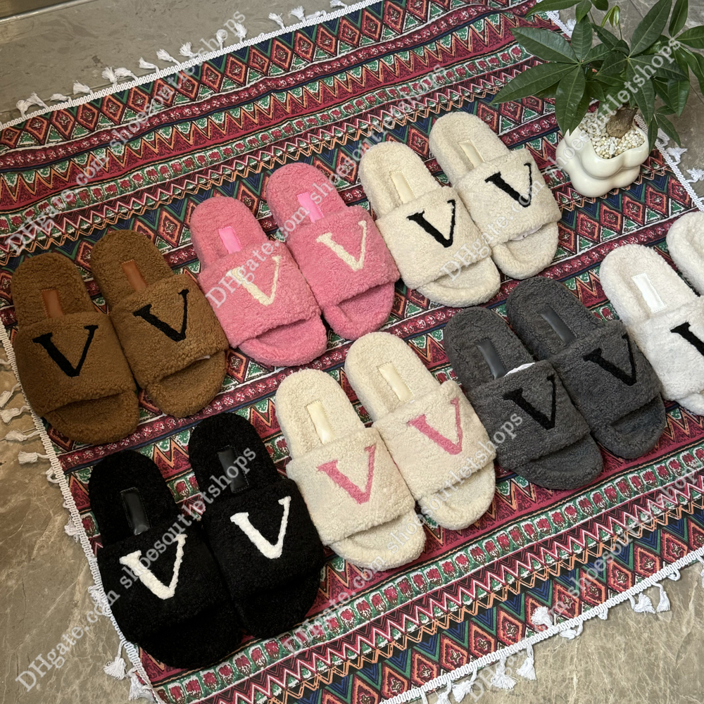 women's Designer Lamb Wool Slipper Paris designer lambswool slipper old flowers fur woolen plush slides lambskin sandals flat heel slippers home loafers shoes 35-42