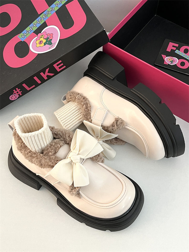 Women Fashion Casual Thick Sole Increase Height Leather Shoes Vintage Style Versatile Winter Warm Triple Black Beige Brown fashion