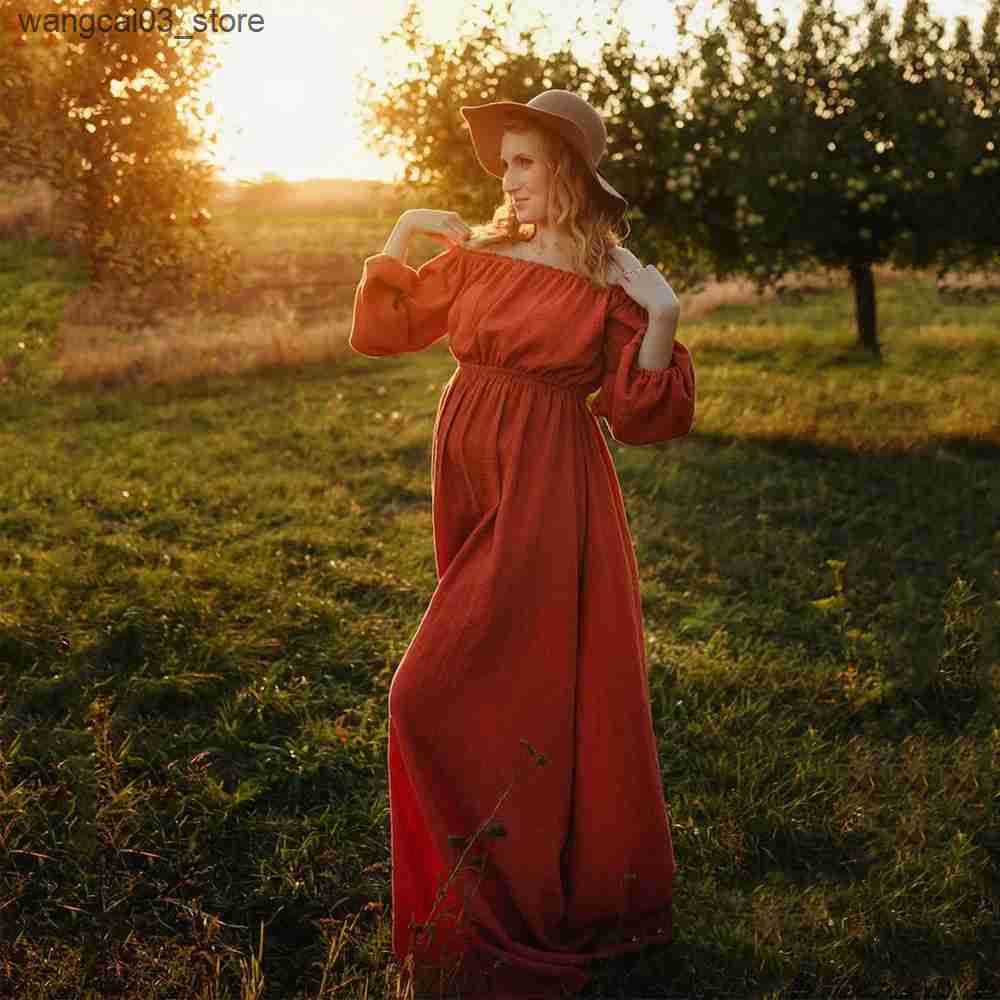 Maternity Dresses Maternity Photography Gown Comfort Bohemian Dress Boho Style Baby Shower Dress Linen Cotton One Shoulder For Pregnant Women L240910