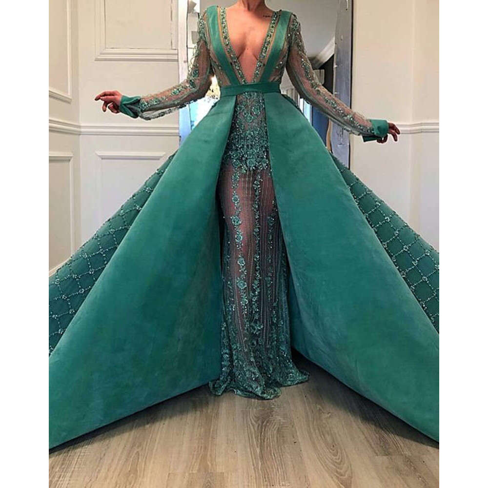 Abiye Emerald Green wer Lace Mermaid Evening Dresses With Detachable Train 2024 Beaded Sexy Long Prom Gowns Full Sleeves