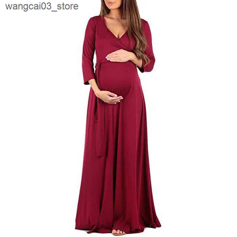 Maternity Dresses 2022 Autumn New Women Pregnant Maternity Nursing Floral Breastfeeding Summer Long Dress V-neck Beach Clothes for Pregnant Women L240