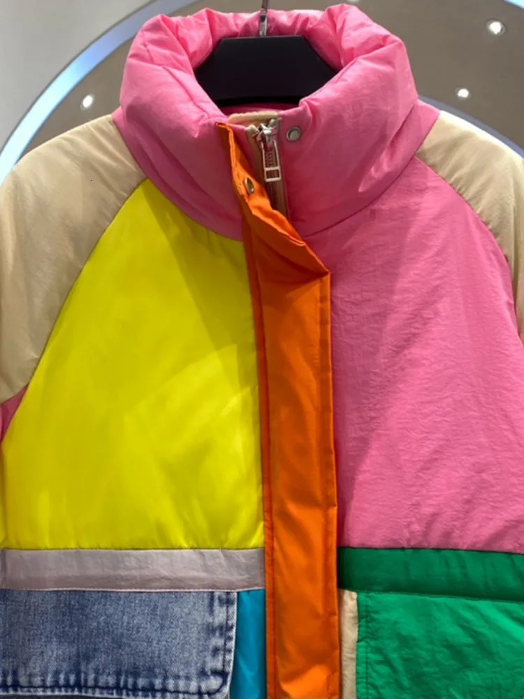 Large denim spliced down jacket for women with large pockets winter jacket with zipper splicing work cushioning jacket high-quality windproof and thic