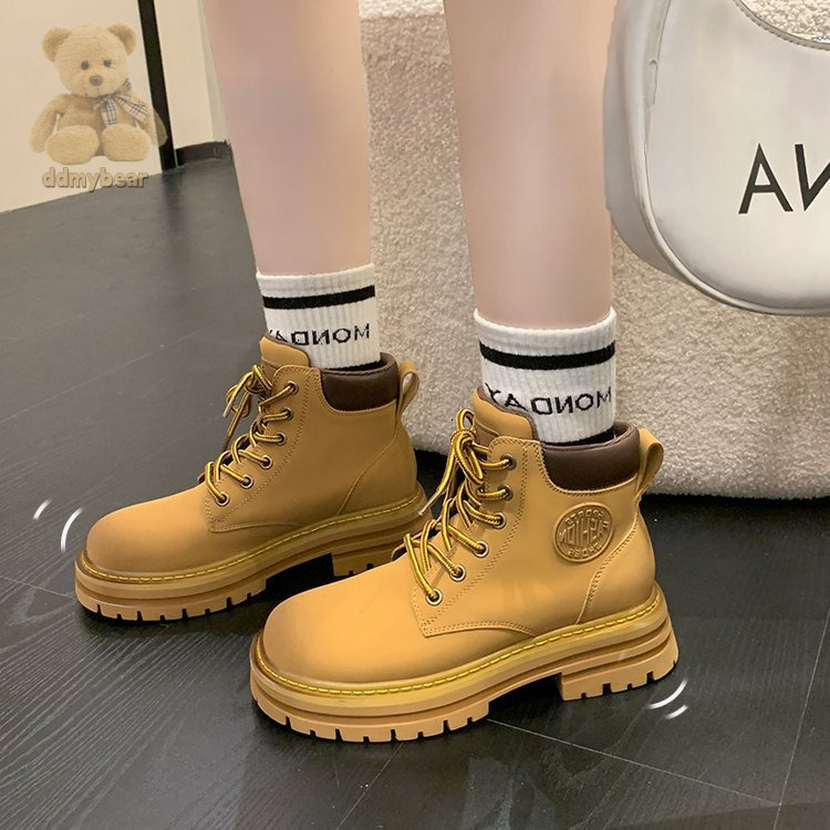 Ddmybear Inner Height Martin Women's 2024 New Autumn And Winter Leather Thick Sole Toe Short High Top Big Yellow Boots Chinese Brand Shoes F1011-